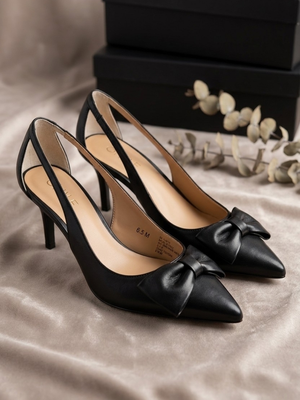 Black Bow Pointed-Toe Slingback Heels